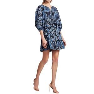 Parker Women's Blue & Black Floral 3/4 Sleeve Mini Dress Size Small